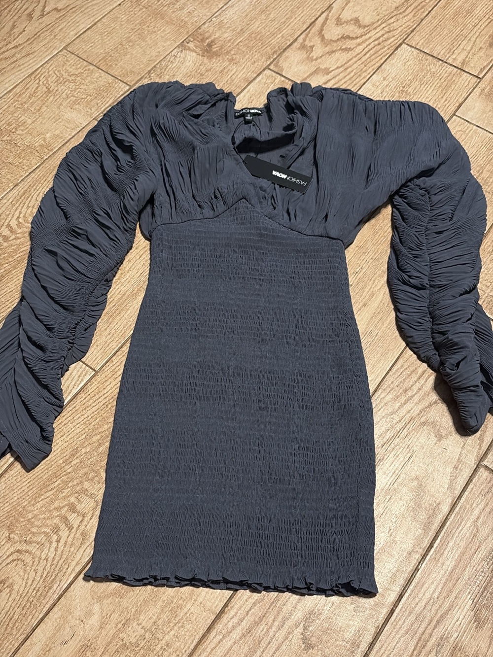 Fashion Nova Charcoal Ruched Long-Sleeve Bodycon Dress